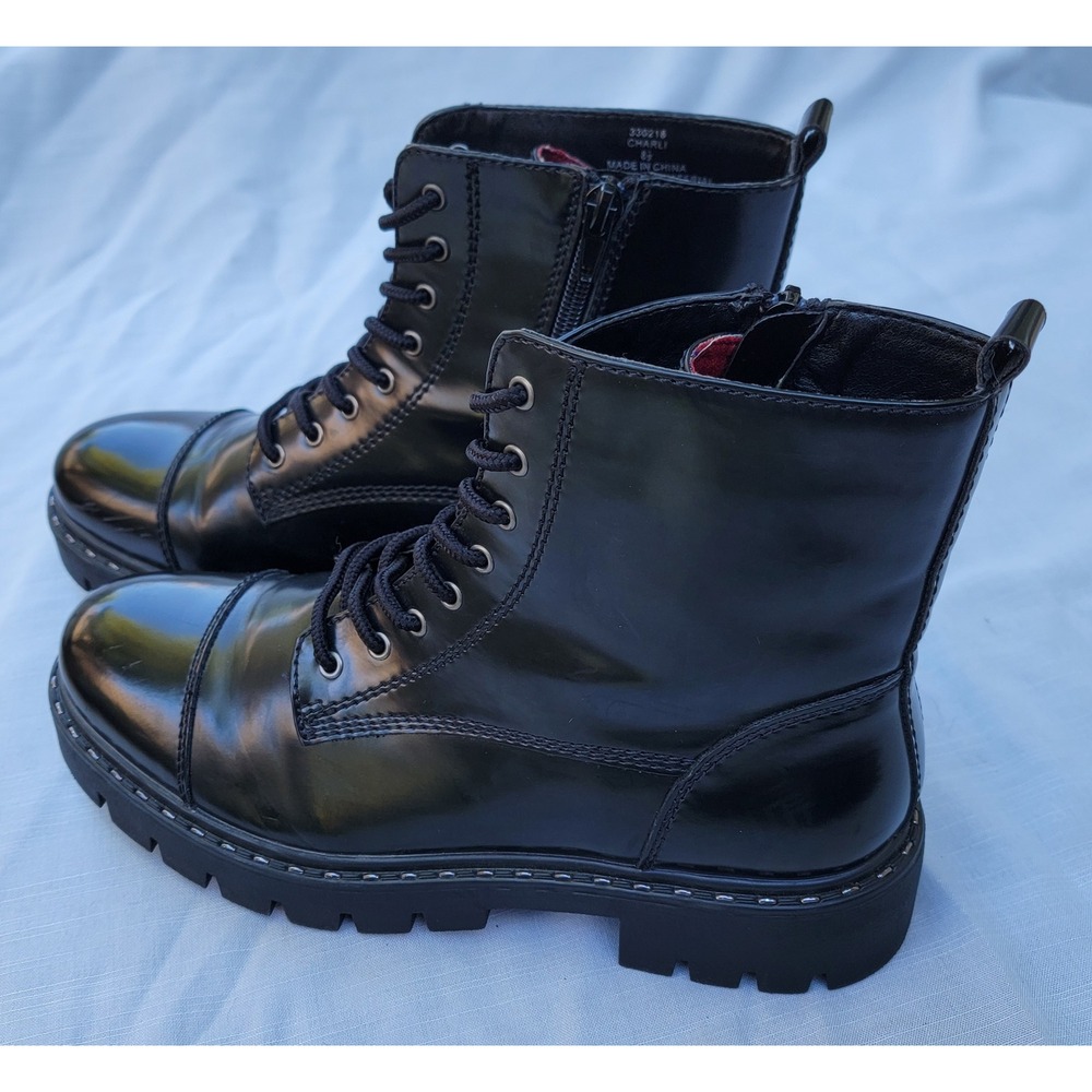 Xappeal Charli Black Combat Boots Lace Up Side Zip Plaid Lined Lug Sole 8.5